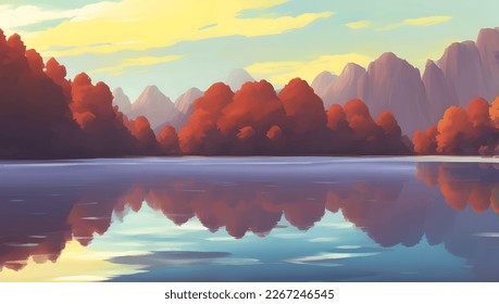 Beautiful Lake Surrounded by Mountains and Autumn Trees During Sunrise or Sunset Scenery Detailed Hand Drawn Painting Illustration