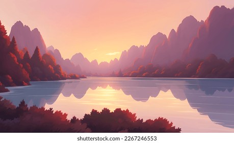 Beautiful Lake Surrounded by Mountains and Autumn Trees During Sunrise or Sunset Scenery Detailed Hand Drawn Painting Illustration