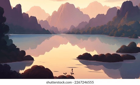 Beautiful Lake Surrounded by Mountains and Autumn Trees During Sunrise or Sunset Scenery Detailed Hand Drawn Painting Illustration