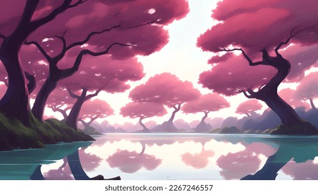 Beautiful Lake Surrounded by Mountains and Sakura Trees Scenery Detailed Hand Drawn Painting Illustration