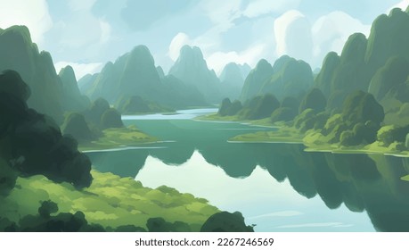 Beautiful Lake Surrounded by Mountains and Hills Scenery Detailed Hand Drawn Painting Illustration