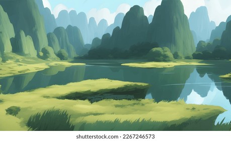 Beautiful Lake Surrounded by Mountains and Hills Scenery Detailed Hand Drawn Painting Illustration
