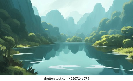 Beautiful Lake Surrounded by Mountains and Hills Scenery Detailed Hand Drawn Painting Illustration