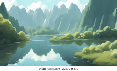 Beautiful Lake Surrounded by Mountains and Hills Scenery Detailed Hand Drawn Painting Illustration