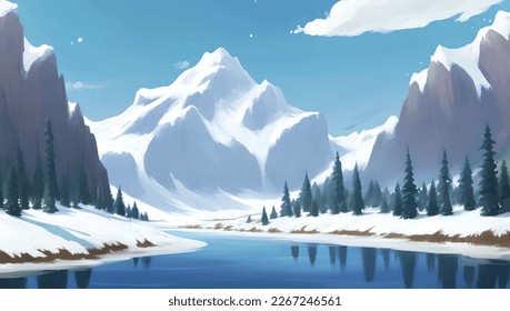 Beautiful Lake Surrounded with Snowy Mountains and Hills Scenery Detailed Hand Drawn Painting Illustration