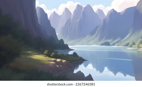 Beautiful Lake Surrounded with Snowy Mountains and Hills Scenery Detailed Hand Drawn Painting Illustration