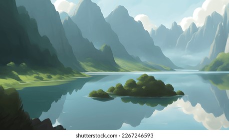 Beautiful Lake Surrounded with Snowy Mountains and Hills Scenery Detailed Hand Drawn Painting Illustration
