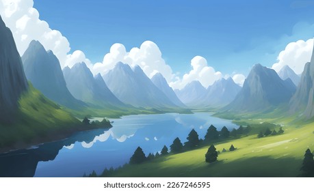 Beautiful Lake Surrounded with Snowy Mountains and Hills Scenery Detailed Hand Drawn Painting Illustration