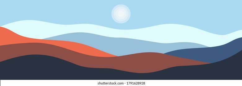 Beautiful landscape. Asian flat style. Long hills and mountains scenery background design. Vector illustration. Suitable for landing pages, web, wall painting and posters.