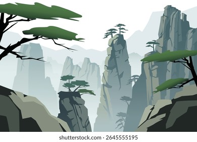 Beautiful landscape of asian mountains and rocks with trees and vegetation. Amazing rocky mountains in fog. Vector illustration of beautiful asian nature.