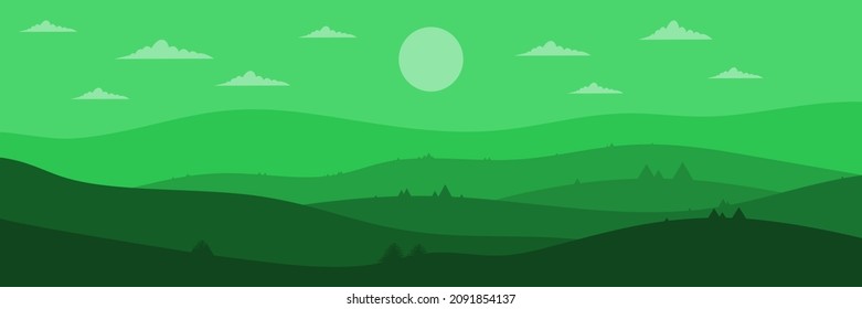 Beautiful landscape. Asian style in green color. Long hills and mountains scenery background design. Vector illustration. Suitable for landing pages, web, wall painting and posters.