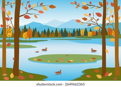 Beautiful landscape of autumn lake with ducks in forest. Lake with ducks in autumn forest on background of mountains. Vector illustration of autumn nature, lake, trees, falling leaves and mountains.