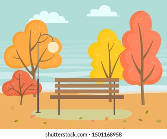 Beautiful landscape of autumn park illustration. Vector wooden bench, near stand street lamp. Trees with yellow and orange foliage, golden leaves falling on ground. Nature fall view without people