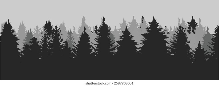 Beautiful landscape Background 2D illustration. Spruce treeline silhouette landscape. Pine tree silhouette landscape. 