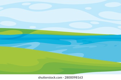 Beautiful landscape background with green fields and a blue river under a cloudy sky vector