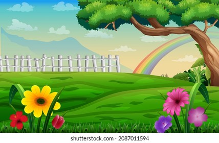 Beautiful landscape background with a tree and rainbow	