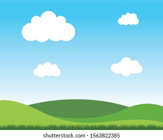 Beautiful landscape background Vector,  Fresh background with green grass blue sky with clouds dream field vector realistic seamless pattern. 