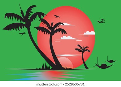 Beautiful landscape. Bank of river Green meadow.  coconut tree, Bright warm colors. The beauty of the nature landscape time with illustration