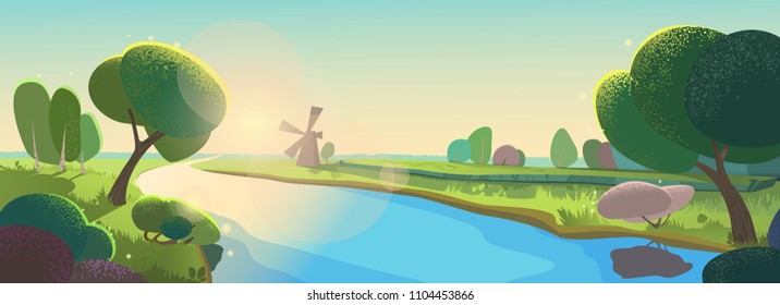 Beautiful landscape banner, Sunny morning, dawn on river, cartoon style, vector illustration, evening.
