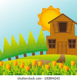 beautiful landscape with barn with tulips and trees. vector illustration