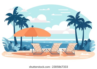 Beautiful landscape of the beach. Hotel beach. Rest by the sea. Scenery. Beautiful seascape. Banner. Sea holiday. Vector illustration