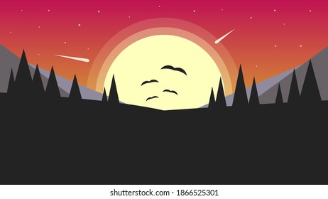 Beautiful landscape with a big setting sun and stars against the background of dark trees and hills. Birds fly in the distance. Vector illustration