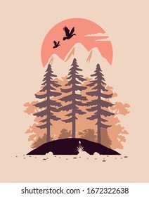 beautiful landscape with birds and forest scene vector illustration design