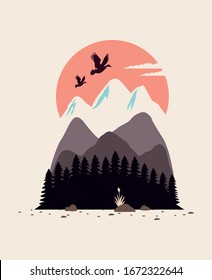 beautiful landscape with birds and mountains vector illustration design