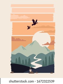 beautiful landscape with birds and river scene vector illustration design