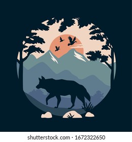 beautiful landscape with birds and wolf scene vector illustration design