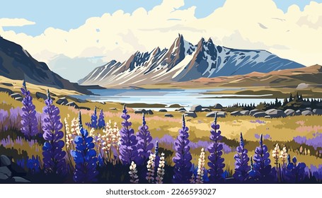 Hermoso paisaje de flores de pino florecientes Islandia. Ilustración vectorial.