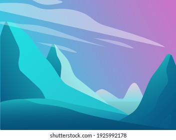 Hermoso paisaje con montañas azules, nubes y cielo rosa. Fondo de gradiente abstracto, ilustración vectorial.