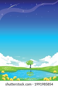 A beautiful landscape with blue skies turning into starry space, clouds, a flowering meadow, a beautiful lake and a tree reflected in it. The earth is beautiful. Take care of the environment. Vector.