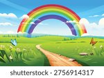 Beautiful landscape with a bright rainbow over a dirt road and green hills. Vector cartoon landscape illustration