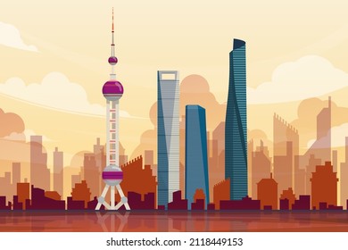 Hermoso paisaje de Bund en la línea de la arquitectura de Shanghai, famosos monumentos de atracción turística diseño postal o afiche de viaje, ilustración vectorial