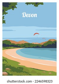 Schöne Landschaft am Meer an einem sonnigen Tag. Meerblick mit Gleitschirmfliegen in Devon, Großbritannien, Europa. Vektorgrafik mit farbigem Stil für Poster, Postkarte, Karte, Kunstdruck.