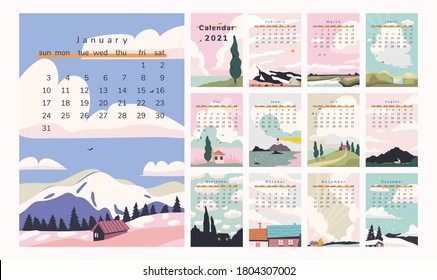 Beautiful landscape calendar for 2021. A4. Trendy vector illustrations.