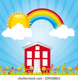 beautiful landscape with candies and rainbow. vector illustration