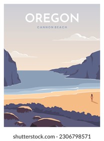 Hermoso paisaje en la playa de Cannon, Oregón. Ilustración vectorial para afiches de viaje, fondo, postal, tarjeta, impresión.