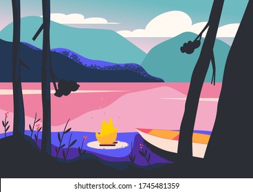 Beautiful  landscape with a canoe and a bonfire on the  background of a lake and mountains. Flat design. Vector illustration.