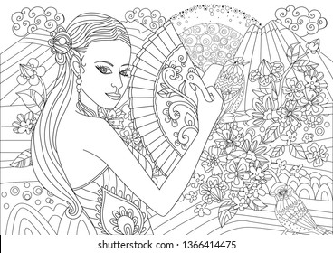 beautiful landscape with chinese girl for your coloring page     