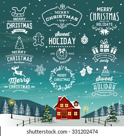 Beautiful landscape of Christmas. Christmas decoration collection of calligraphic and typograhic design with labels, logos, symbols and icons elements.