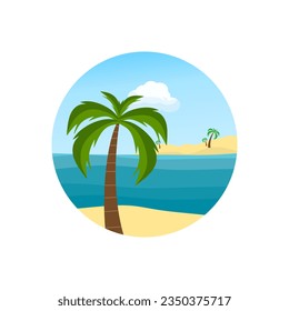 Beautiful landscape in circle shape with palm tree, sea, blue sky and clouds. Flat illustration of Beach vacation isolated. Colorful colorful design and view of a beach holiday on a round shape.Vector