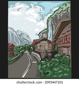 Beautiful landscape. City, houses, mountains, waterfall, road. Austria, a resort. Rest at the hotel. Vector drawing.