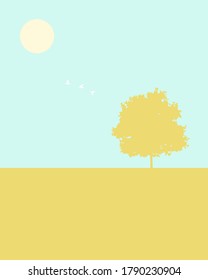 A beautiful landscape clear sky with big tree and birds fly to the sky vector design.