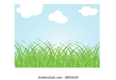 Beautiful landscape with clouds and green grass. Vector illustration.
