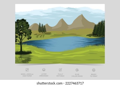Beautiful landscape colorful river side nature scene flat design background template vector