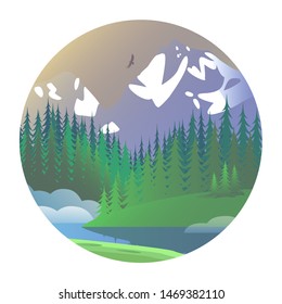 Beautiful landscape of coniferous forest and snowy mountains. Vector illustration