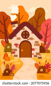 Beautiful landscape cottage with tree and  Fall foliage in autumn season for background, vector illustration