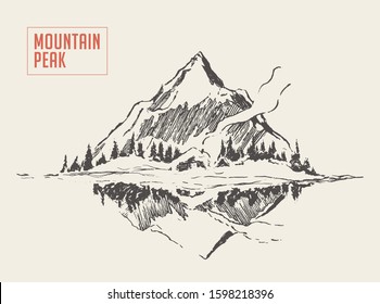 Beautiful landscape with a cozy house and a lake by the mountain. Hand drawn vector illustration, sketch